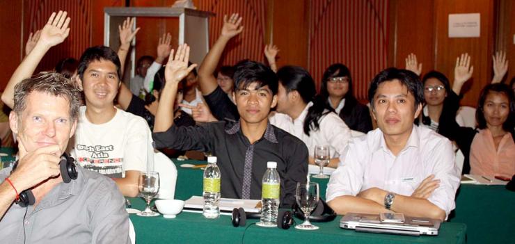 Rainbow Coalition of Kampuchea (RoCK) Member Meas Sophanuth addresses the conference on youth LGBT rights.